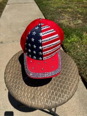 Collectioneighteen, Red, Rhinestone,  American Flag, Adjustable, Baseball Cap